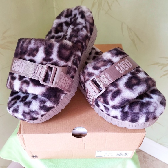 UGG FLUFFITA PANTHER PRINT FUR SLIDES SANDALS SLIPPERS:NIB STORMY GREY 8M - Picture 1 of 16